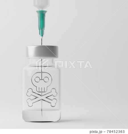3D rendering Covid-19 vaccine syringe with Crossbones symbol in bottle, Problem hazard risk dead, Vaccination Campaign Herd immunity protection concept design on grey background with copy space 78452363
