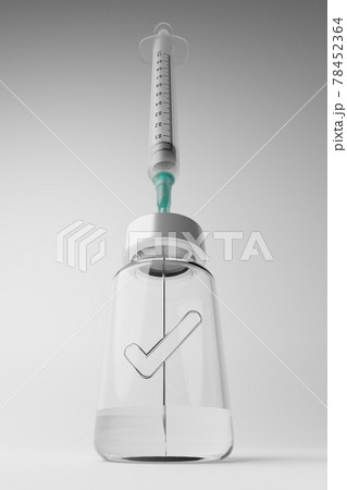 3D rendering Covid-19 vaccine syringe with Check mark sign in bottle, Side effects problem approve right choice Vaccination Campaign Herd immunity concept design on grey background with copy space 78452364