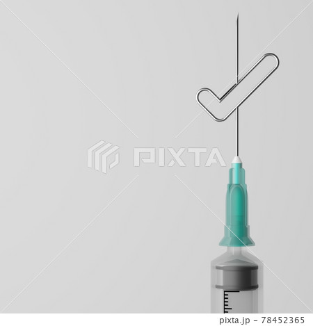 3D rendering Covid-19 vaccine syringe with Check mark sign, Side effects problem approve right choice, Vaccination Campaign for Herd immunity concept design on grey background with copy space 78452365