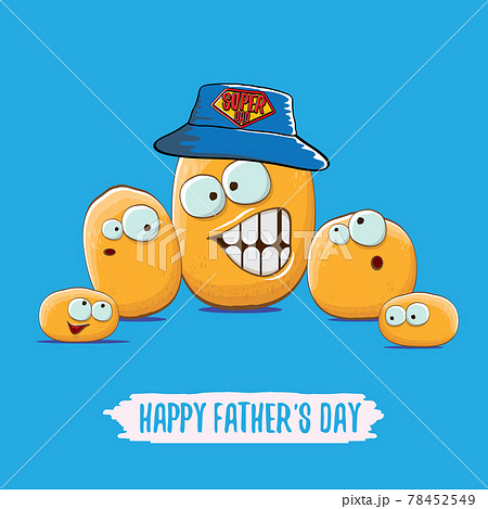 happy fathers day greeting card with cartoon father potato and kids . fathers day vector label or icon isolated on blue 78452549