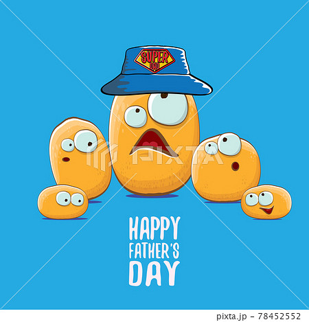 happy fathers day greeting card with cartoon father potato and kids . fathers day vector label or icon isolated on blue 78452552