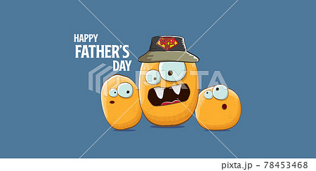 happy fathers day horizontal banner with cartoon father potato and son potato. cartoon funny comic fathers day vector label or icon isolated on blue background 78453468