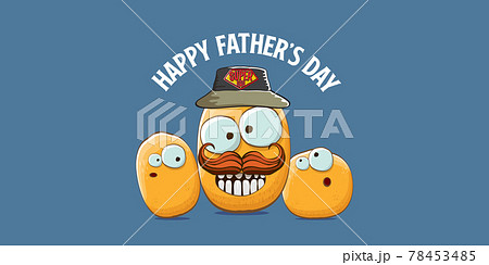 happy fathers day horizontal banner with cartoon father potato and son potato. cartoon funny comic fathers day vector label or icon isolated on blue background happy fathers day horizontal banner with cartoon father potato and son potato. cartoon funny comic fathers day vector label or icon isolated on blue background 78453485