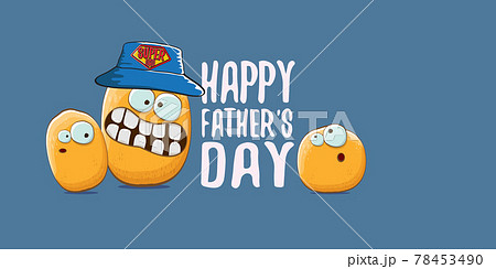 happy fathers day horizontal banner with cartoon father potato and son potato. cartoon funny comic fathers day vector label or icon isolated on blue background 78453490