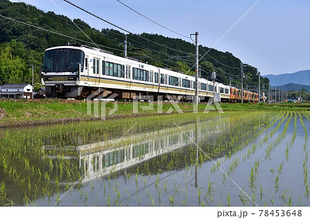 鉄道　列車　jr  山陰本線　京都口　水鏡　田園　田んぼ　初夏　京都　亀岡　南丹市　嵯峨野線　普通　 78453648