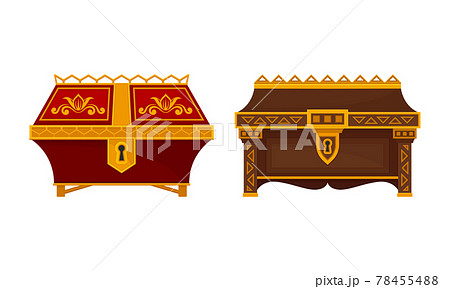 Gold Casket or Jewelry Box as Decorated Small Container Vector Set Gold Casket or Jewelry Box as Decorated Small Container Vector Set 78455488