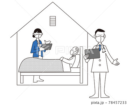 自宅療養者を見守る保健師と医者の連携を表すイラスト 78457233