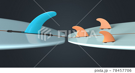 Side by side and opposite surfboards in different colors - 3d illustration 78457706