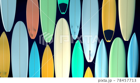Top view of different surfboards side by side and facing each other in different colors - 3d illustration Top view of different surfboards side by side and facing each other in different colors - 3d illustration 78457713
