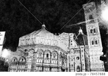 A black and white nocturnal view of the cathedral of Florence. Digital painting. A black and white nocturnal view of the cathedral of Florence. Digital painting. 78457888