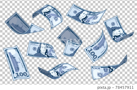 Illustration of US hundred dollar bills flying in various shapes. 78457911