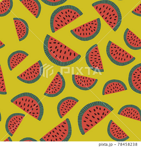 Food seamless pattern with random red watermelon slice shapes. Yellow-green background. Berry backdrop. 78458238