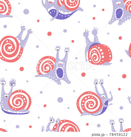 Cute Snail Character as Gastropod with Coiled Shell in Vector Seamless Pattern Cute Snail Character as Gastropod with Coiled Shell in Vector Seamless Pattern 78459122