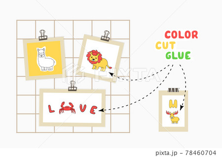 Print color cut glue paper game for children development. Cut Alphabet cards parts, color, glue on the paper. Vector illustration presentation of Love, crab, lion, alpaca, moose on mood board 78460704