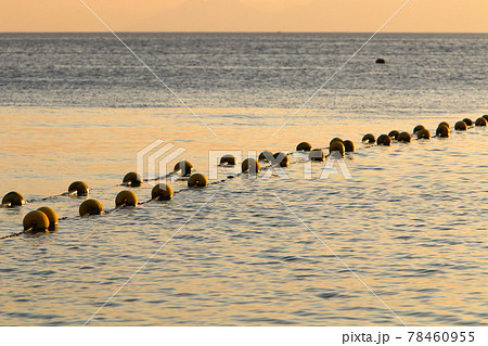A rope with floating buoys on a sandy beach on the Mediterranean coast. Seashore on a sunny day.	 78460955
