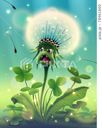 Magic dandelion flower with beautiful sunny green grass, morning clover in fantasy forest or season summer park, garden, meadow, flying seeds and white fluff in outdoors nature, vector illustration. Magic dandelion flower with beautiful sunny green grass, morning clover in fantasy forest or season summer park, garden, meadow, flying seeds and white fluff in outdoors nature, vector illustration. 78461600