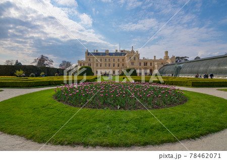 View of Lednice castle with beautiful park and garden in spring, Neo-gothic palace in South Moravia region, famous travel wine destination View of Lednice castle with beautiful park and garden in spring, Neo-gothic palace in South Moravia region, famous travel wine destination 78462071