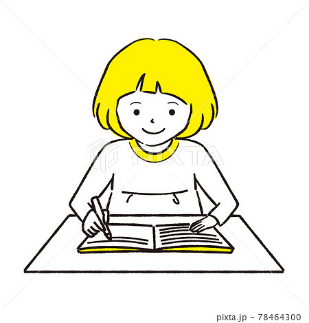手描き1color 一人で勉強する女の子　おかっぱ 78464300