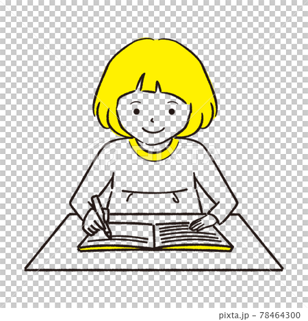 手描き1color 一人で勉強する女の子　おかっぱ 78464300