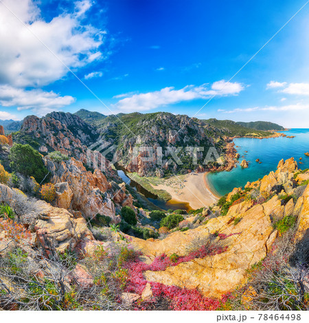 Breathtaking view of Li Cossi beach on Costa Paradiso resort. 78464498