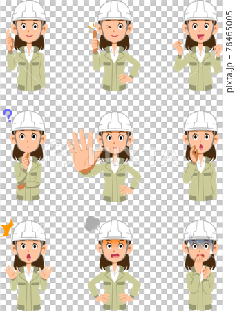 ヘルメットをかぶり作業着を羽織った事務職の女性の上半身 9種類の表情と仕草 ヘルメットをかぶり作業着を羽織った事務職の女性の上半身 9種類の表情と仕草 78465005