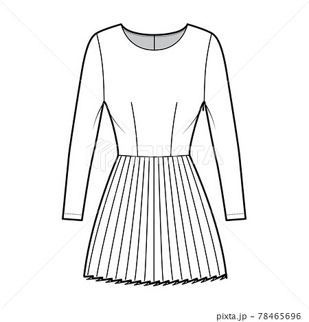 Dress pleated technical fashion illustration with long sleeves, fitted body, mini length skirt. Flat apparel front Dress pleated technical fashion illustration with long sleeves, fitted body, mini length skirt. Flat apparel front 78465696