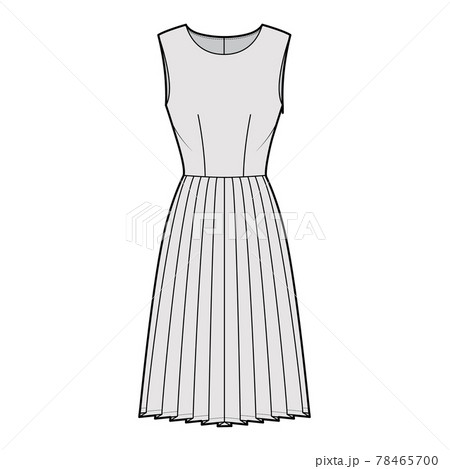 Dress pleated technical fashion illustration with sleeveless, fitted body, knee length skirt. Flat apparel front Dress pleated technical fashion illustration with sleeveless, fitted body, knee length skirt. Flat apparel front 78465700