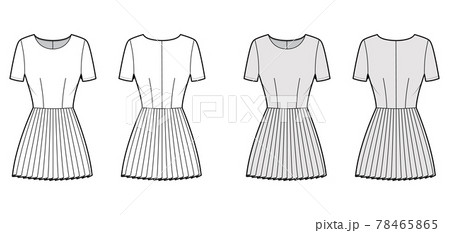 Dress pleated technical fashion illustration with short sleeves, fitted body, mini length skirt. Flat apparel front Dress pleated technical fashion illustration with short sleeves, fitted body, mini length skirt. Flat apparel front 78465865