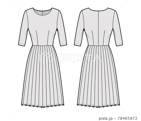 Dress pleated technical fashion illustration with elbow sleeves, fitted body, knee length skirt. Flat apparel front Dress pleated technical fashion illustration with elbow sleeves, fitted body, knee length skirt. Flat apparel front 78465872