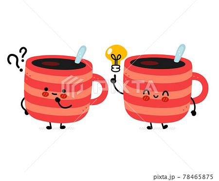 Cute funny coffee mug with question mark and idea lightbulb. Vector hand drawn cartoon kawaii character illustration icon. Isolated on white background. Coffee or tea cup, mug character concept Cute funny coffee mug with question mark and idea lightbulb. Vector hand drawn cartoon kawaii character illustration icon. Isolated on white background. Coffee or tea cup, mug character concept 78465875