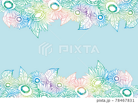 水彩のひまわりの花畑 手描き 線画 ライン 水彩 おしゃれのイラスト素材