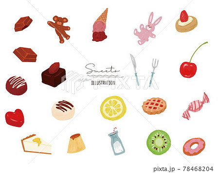 オシャレで可愛いスイーツのイラスト チョコ プリン ティータイム テディベア フルーツ ケーキ のイラスト素材
