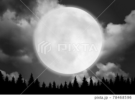 満月背景と木のシルエットのイラスト素材