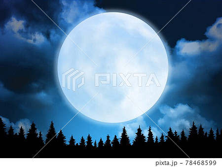 満月背景と木のシルエットのイラスト素材