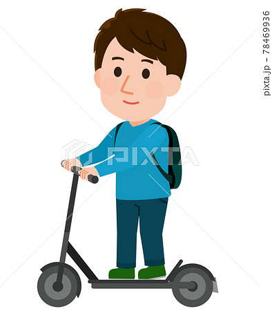 電動キックボードに乗る男性 荷物あり イラストのイラスト素材