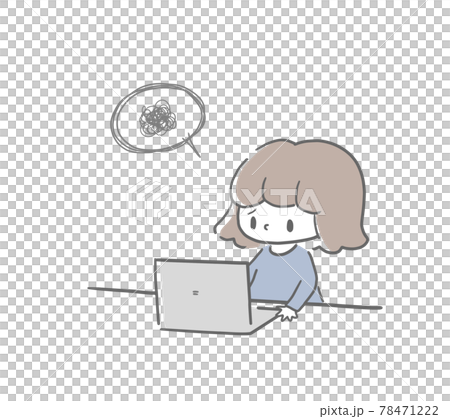 Hand-drawn simple illustration of a girl who is having trouble with video calls on a computer or online lessons Hand-drawn simple illustration of a girl who is having trouble with video calls on a computer or online lessons 78471222