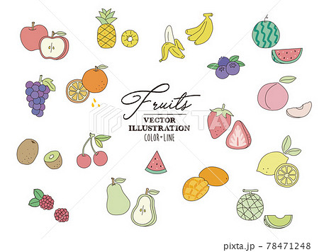 シンプルで可愛いフルーツの線画イラスト オシャレ 苺 林檎 檸檬 桃 西瓜 オレンジ バナナ のイラスト素材