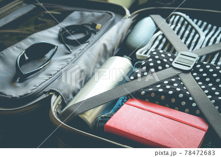 Open vintage suitcase full of clothes Open vintage suitcase full of clothes 78472683