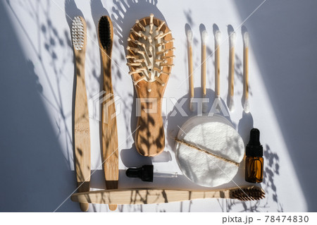 Set of eco natural bathroom accessories and cosmetics on white background. Zero waste. Plastic free. Flat lay style. Knolling concept Set of eco natural bathroom accessories and cosmetics on white background. Zero waste. Plastic free. Flat lay style. Knolling concept 78474830