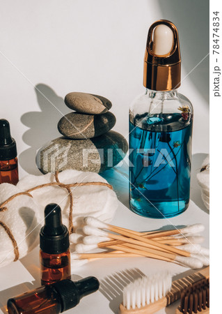Reusable and recycable bathroom accessories on white background. Trendy shadows. Zero waste concept. Natural cosmetics and eco living concept Reusable and recycable bathroom accessories on white background. Trendy shadows. Zero waste concept. Natural cosmetics and eco living concept 78474834
