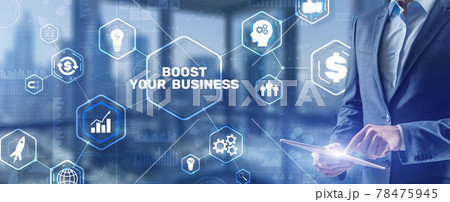 Boost Your Business 2021. Businessman touching finger virtual screen 78475945