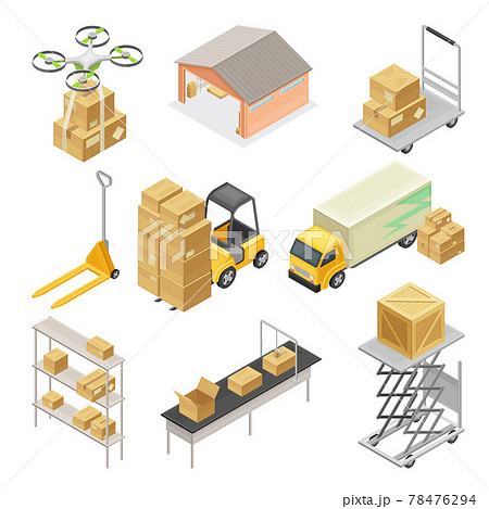 Warehouse as Area for Goods Storage and Logistics with Forklift Moving Cardboard Boxes and Drone Delivering Parcel Isometric Vector Set 78476294