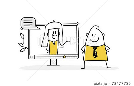 Stick man in front of a computer monitor and makes a video conference call to his colleague.  78477759
