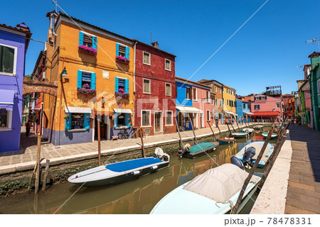 Burano Island in the Venetian Lagoon with Multi Colored Houses and Small Canal 78478331