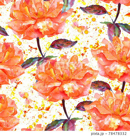 Seamless pattern with watercolor roses and butterflies, with splashes of paint, on white 78478332