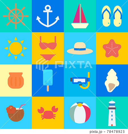 シンプルでかわいい海のアイコンセット フラットデザインのイラスト素材