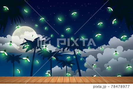 wooden table and firefly flying in the jungle in the full moon night wooden table and firefly flying in the jungle in the full moon night 78478977
