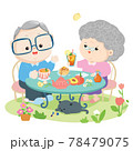 Cute elderly couple drink tea peach together in the backyard with their cat . Vector illustration. 78479075