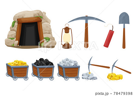 Set mine tools, equipment in cartoon style isolated on white background. Wooden cart with gold, silver, coal ore, tunnel entrance, retro lamp, pickaxe and shovel. Ui assets Set mine tools, equipment in cartoon style isolated on white background. Wooden cart with gold, silver, coal ore, tunnel entrance, retro lamp, pickaxe and shovel. Ui assets 78479398