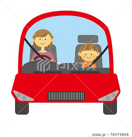 赤い車を運転する女性と同乗する女の子のイラスト素材